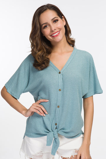 Waffle Knit Tunic Blouse Tie Knot Short Sleeve Henley Tops Loose Fitting Bat Wing Shirts
